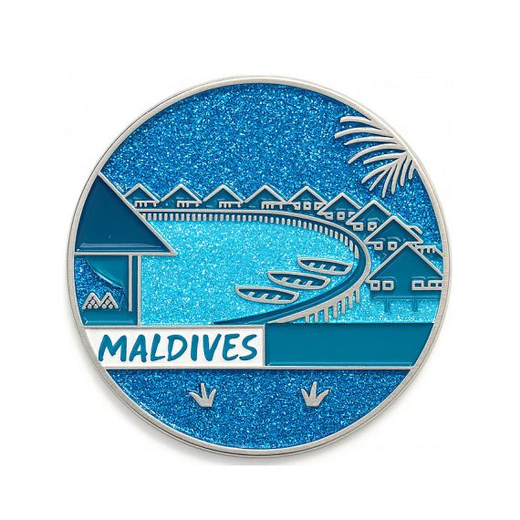 Maldives beach resort enamel pin with glitter finish