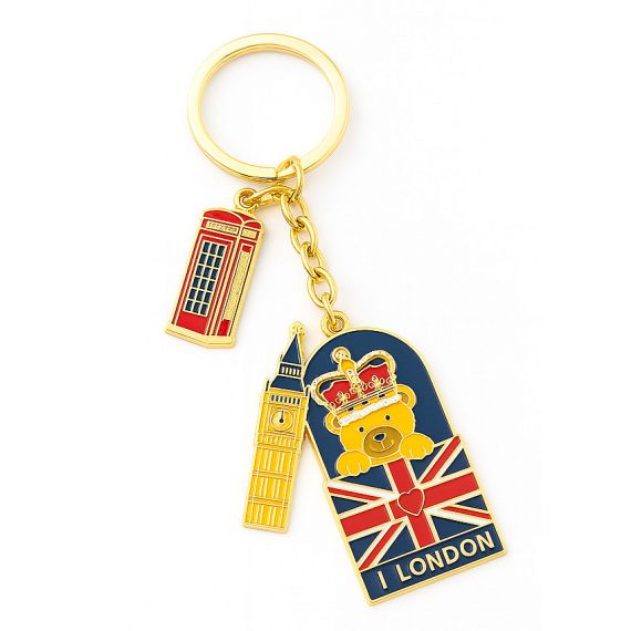 London souvenir metal enamel keychain with bear, Big Ben, and British flag charms