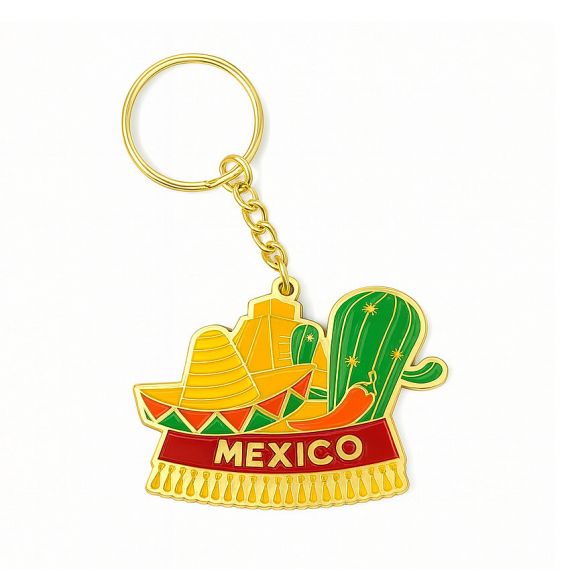 Mexico souvenir metal keychain with colorful enamel cactus and sombrero design