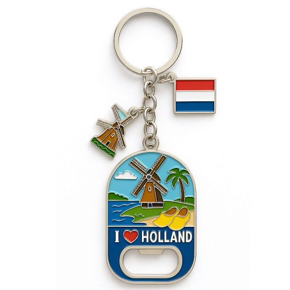 Holland souvenir bottle opener keychain with windmill and flag charm