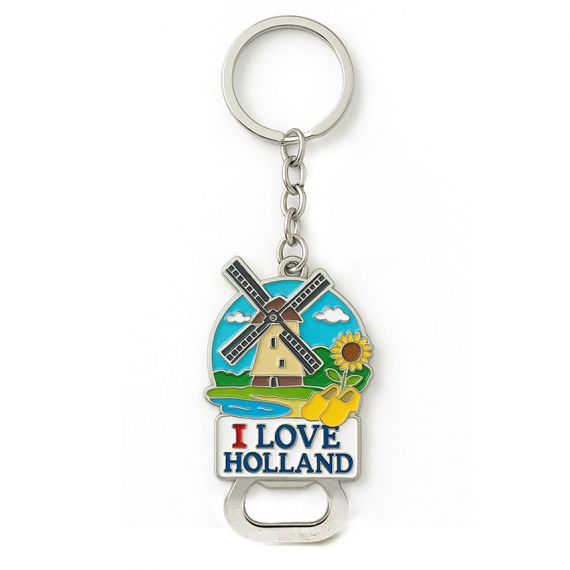 Enamel metal bottle opener keychain with a Holland theme