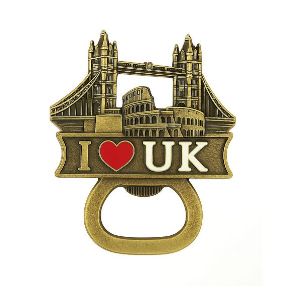 United Kingdom souvenir bottle opener in antique gold with London skyline design