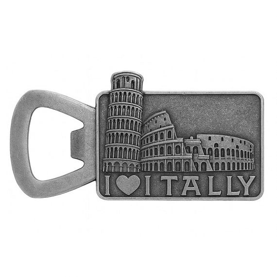 Italy souvenir bottle opener featuring Leaning Tower of Pisa and Colosseum in antique silver finish