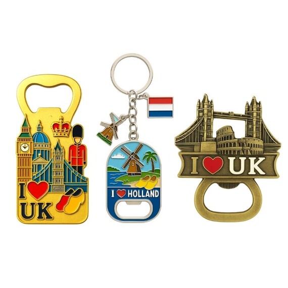 Travel Souvenir Bottle Openers - Custom souvenir bottle opener keychains with colorful travel-themed designs and metal finish