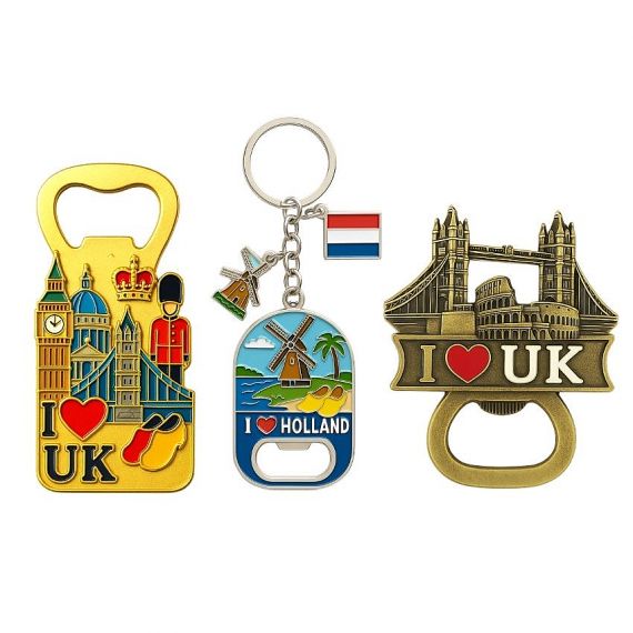 Travel Souvenir Bottle Openers - Custom souvenir bottle opener keychains with colorful travel-themed designs and metal finish