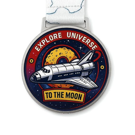 Embossed metal souvenir medal with UV printed space shuttle design