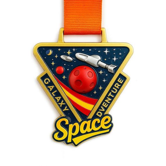 Gold Galaxy Space Adventure metal medal with 3D metal relief and printed color overlay