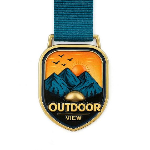 Embossed mountain outdoor scene logo metal medal with UV printed