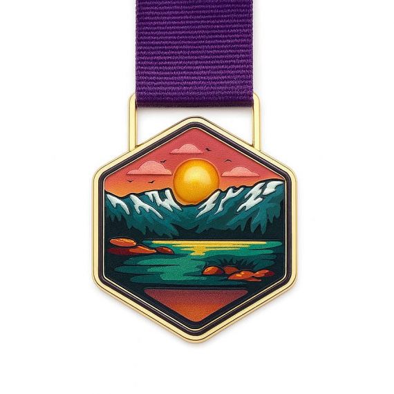 sunset mountain landscape 3D metal medal with UV printed cover