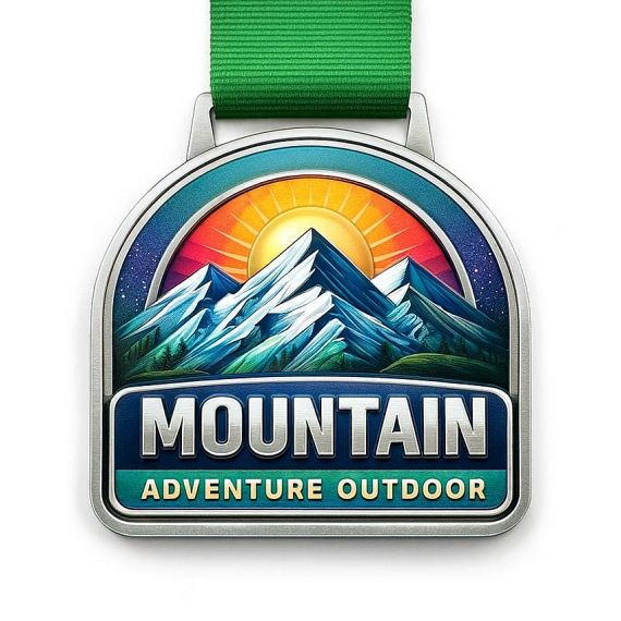 Silver souvenir medal with 3D metal relief and a printed mountain sunrise scene