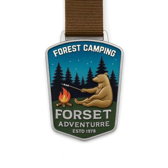 Embossed award scout metal medal with UV printed forest camping bear design
