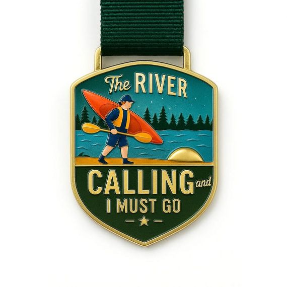 Gold 3D metal relief medal with color printed scene of a kayaker