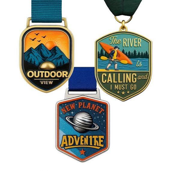 Custom outdoor adventure designs embossed metal medals with UV printed