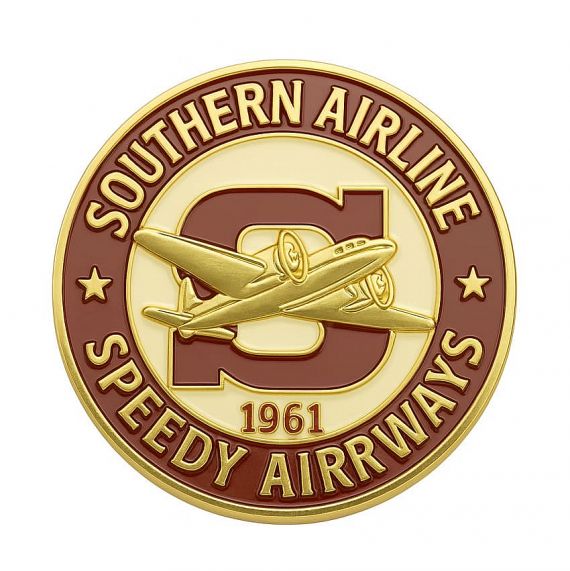 Gold-plated zinc alloy commemorative coin with "1961" date, featuring a 3D aircraft motif and maroon soft enamel border.
