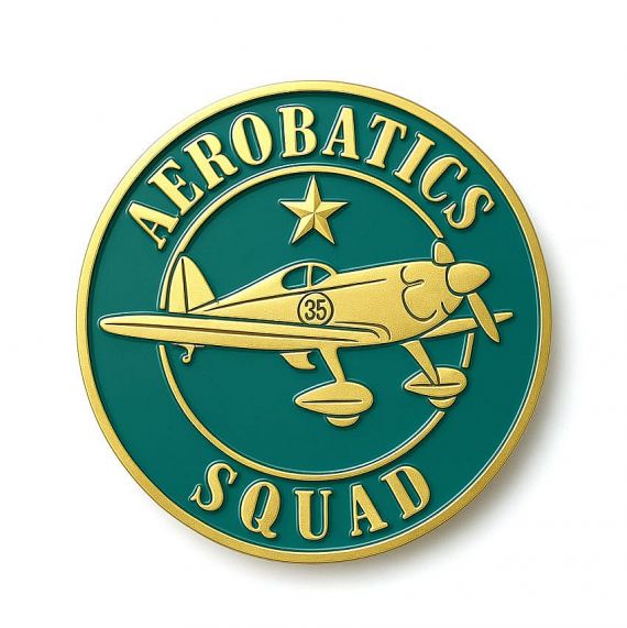 Aerobatics Squad souvenir coin in gold and teal with a vintage airplane design