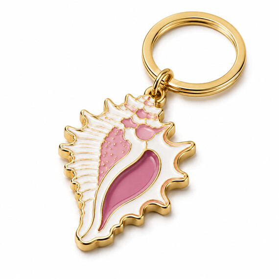 Gold-plated seashell enamel keychain with soft pink and white colors.