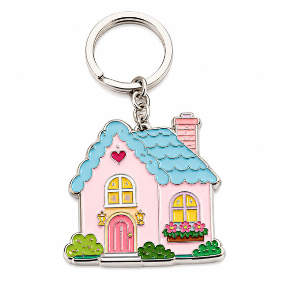 Silver-plated house-shaped enamel keychain with colorful details.