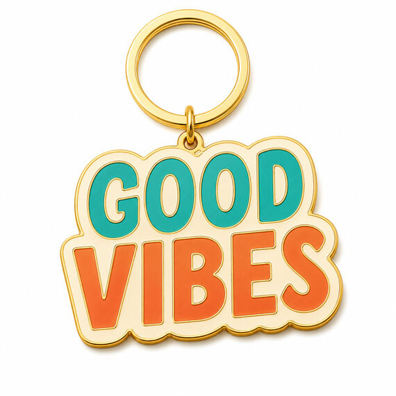 Gold-plated enamel keychain with colorful lettering.