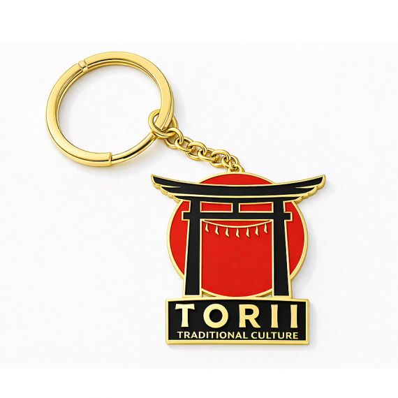 Gold-plated zinc alloy keychain with a black Torii gate icon for traditional culture souvenirs