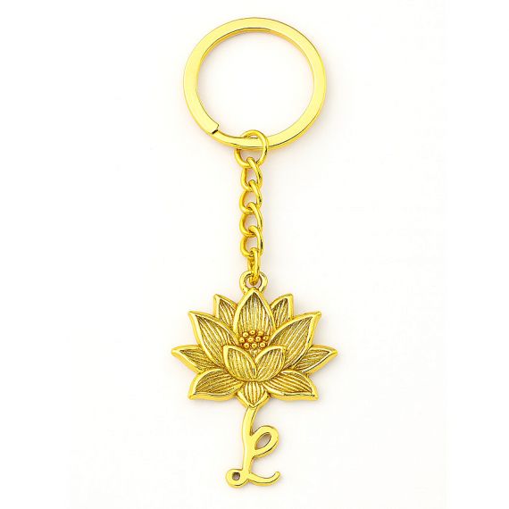 Durable gold zinc alloy lotus flower keychain with a custom "L" charm