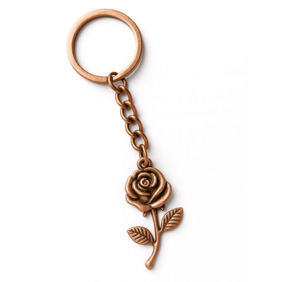 Durable zinc alloy rose flower keychain in an antique copper finish
