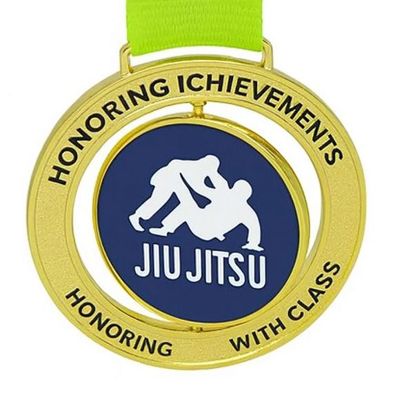Gold zinc alloy Jiu Jitsu spinner medal with ribbon