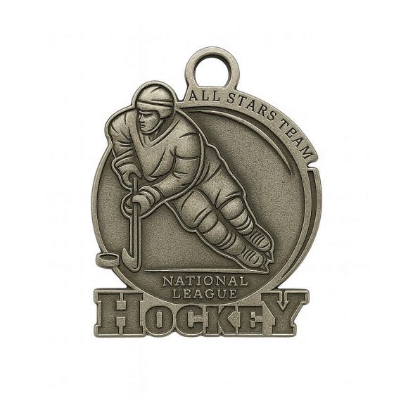 Antique silver zinc alloy 3D relief hockey medal