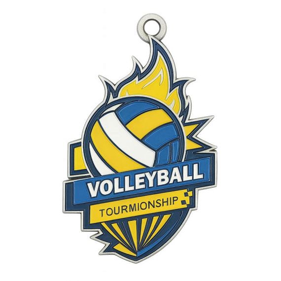 Silver zinc alloy volleyball challenge medal with enamel color