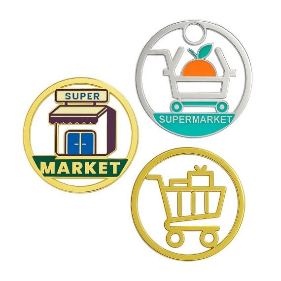 Zinc alloy shopping trolley tokens with custom enamel supermarket logos and shopping cart silhouettes
