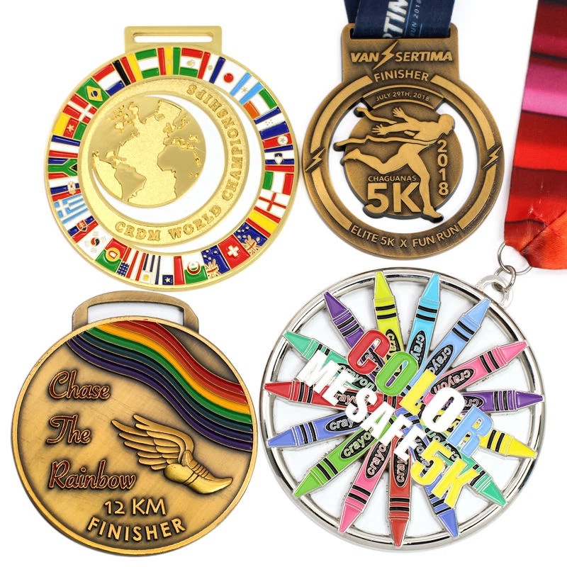 A collection of four distinct custom metal medals, showcasing unique designs for various achievements and events.