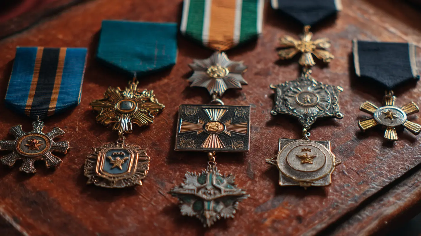 A diverse collection of military medals and badges displayed on a wooden surface, symbolizing history and honor.