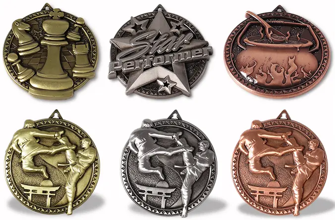 A collection of various custom medals for awards and recognition events.