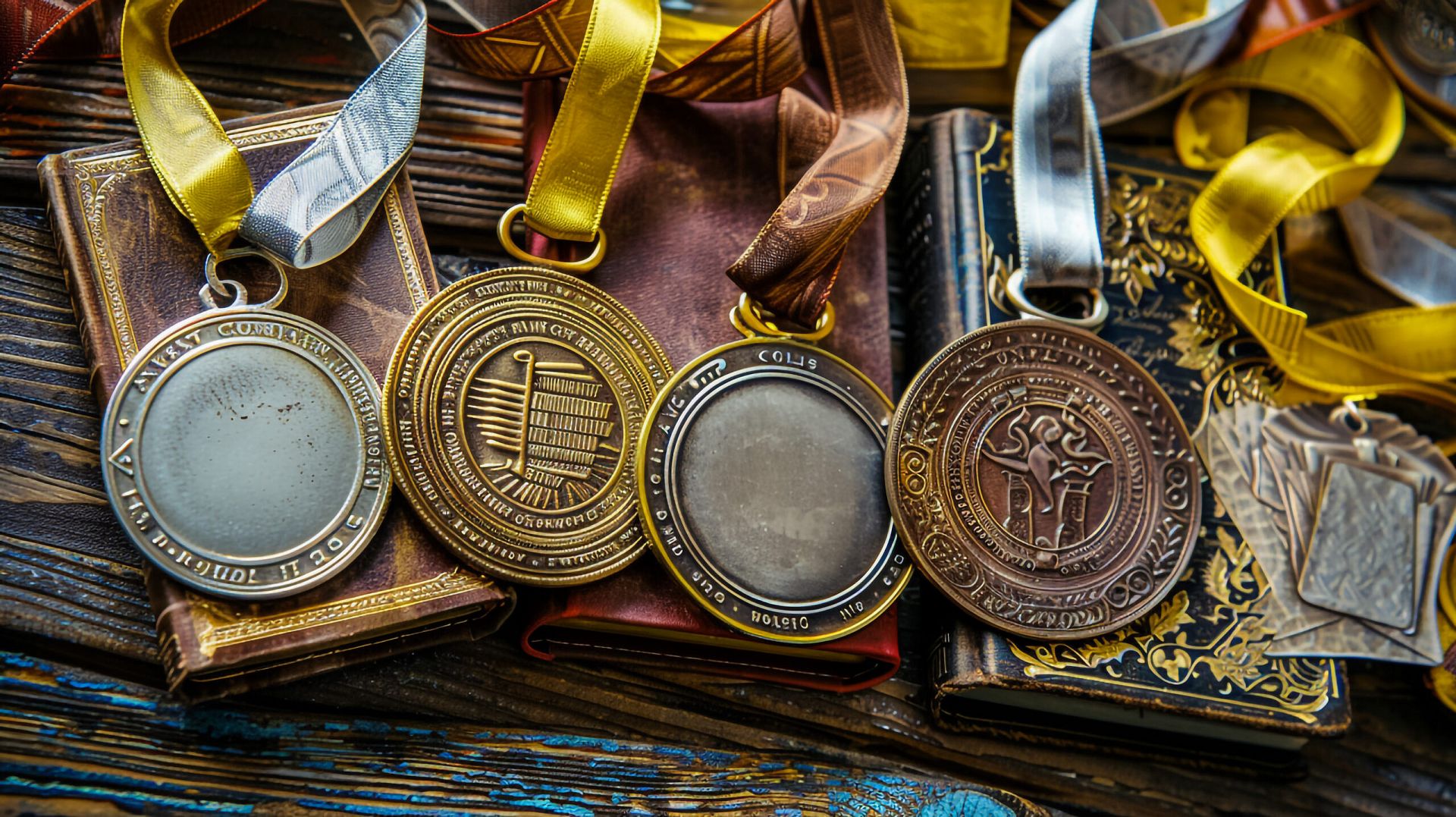 A collection of intricate medals made from various metals, displayed on a stack of old books.