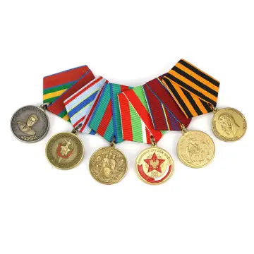 A collection of custom military and commemorative medals with detailed designs and colorful ribbons.