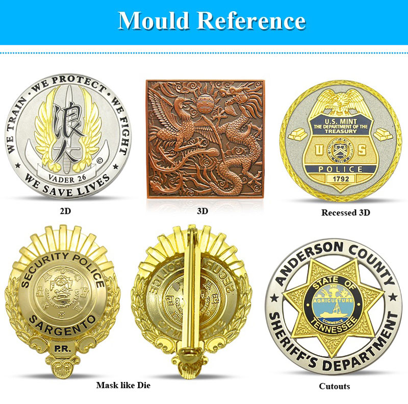 Showcase of various moulding techniques for custom badges, including 2D, 3D, and Mask-like die.