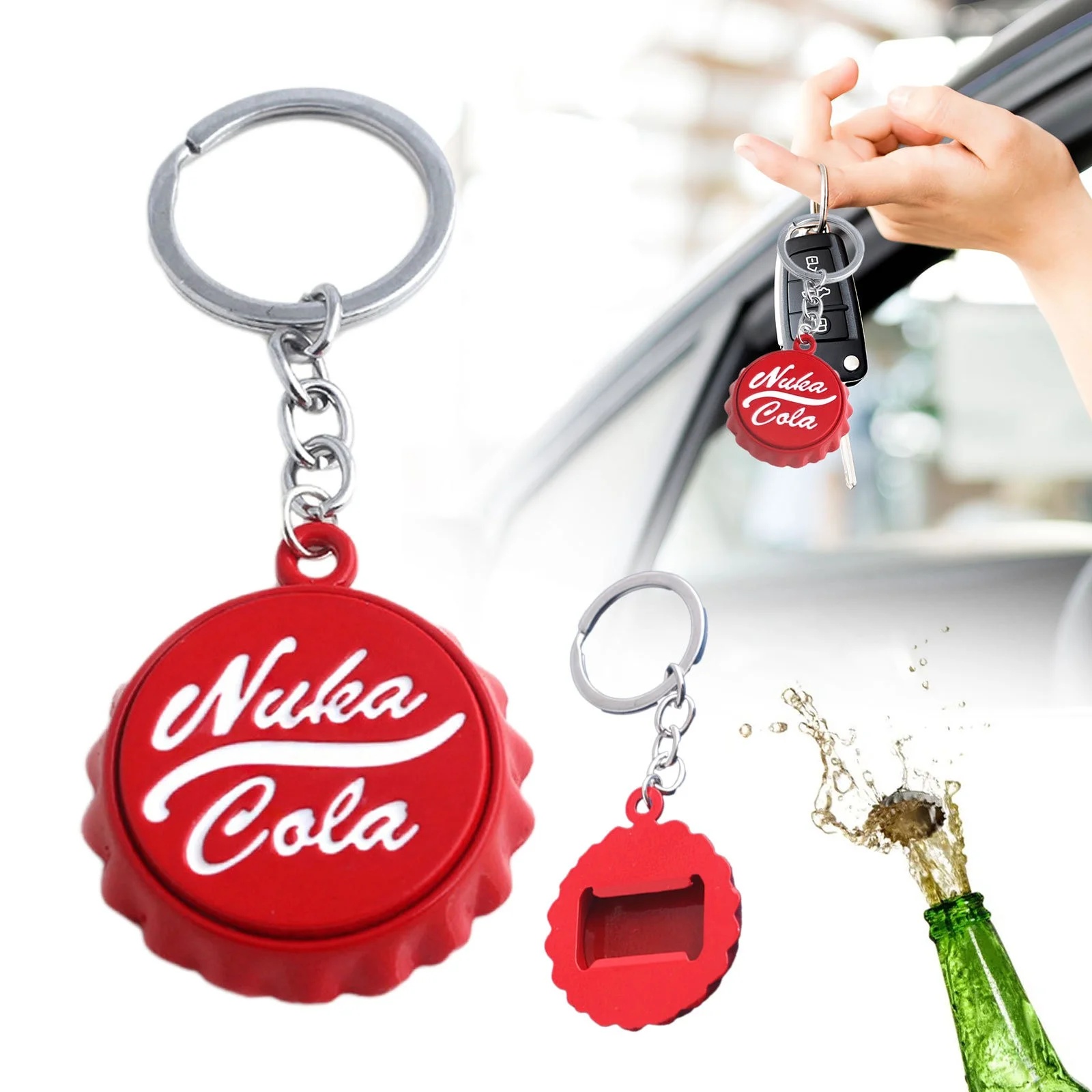 Nuka Cola themed bottle cap keychains, one of which is a functional bottle opener, illustrating collectible brand merchandise.