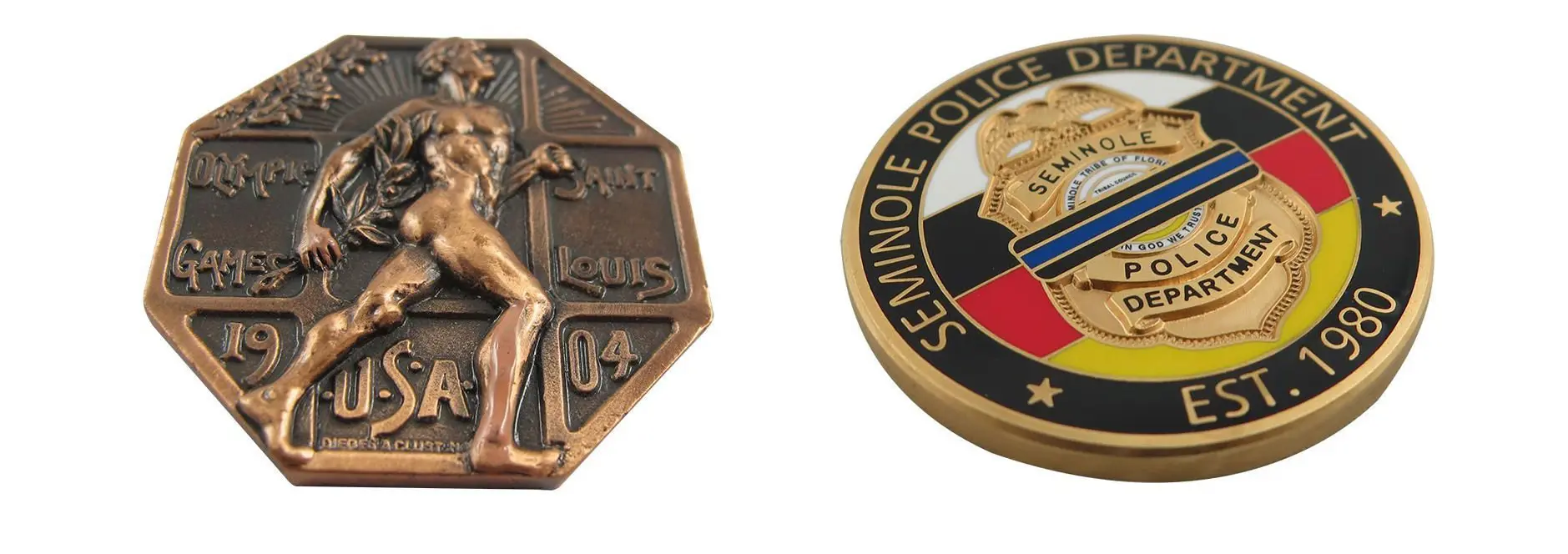 Two commemorative medallions, one for the Olympic Games and one for the Seminole Police Department, showcasing custom metal coin craftsmanship.