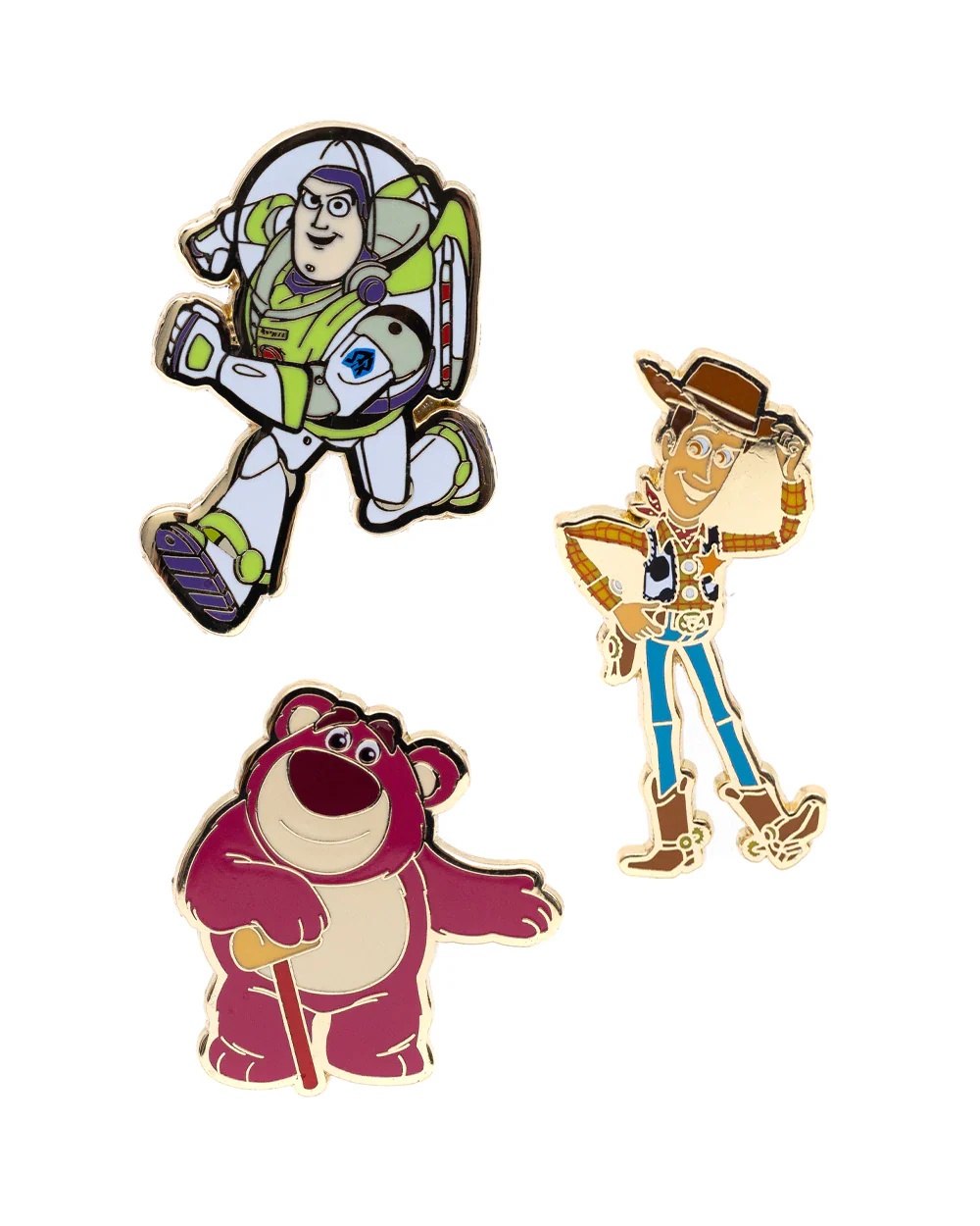 The image showcases three character pins from Toy Story: Buzz Lightyear, Woody, and Lotso.