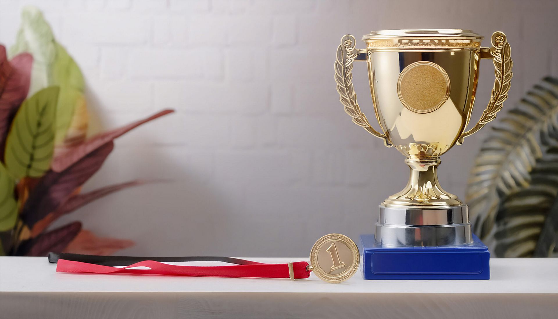 Um troféu e uma medalha exibidos lado a lado, simbolizando prêmios e conquistas.