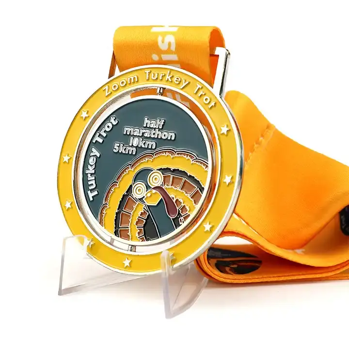 A custom gold medal for the Zoom Turkey Trot running event, illustrating sports achievement awards.
