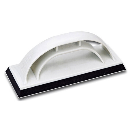 Arched one-piece plastic handle rubber float for stable grip, tile grouting, and leveling applications.