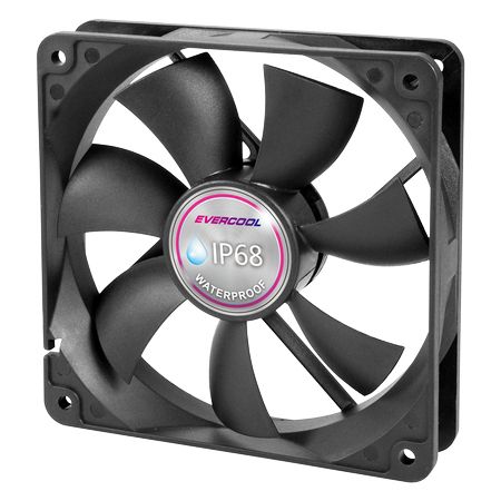 Waterproof and Dustproof 12V DC Fan Size 120mm x 120mm x 25mm (IP68 rating) - EVERCOOL 12cm IP68 waterproof and dustproof DC fan can overcome the impact of harsh environments and bring you an efficient cooling experience in any situation.