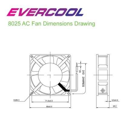 Високоякісний AC вентилятор розміром 80 мм x 80 мм x 25 мм, компактний та легкий у встановленні.