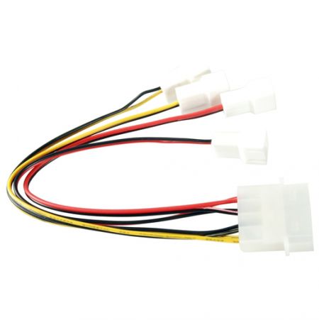 1 से 4 फैन कन्वर्ज़न केबल (गति कम करने के कार्य के साथ) - पावर सप्लाई Molex 4-पिन का उपयोग करके पावर सप्लाई करें, 4 DC फैंस तक का समर्थन करें, और दो कनेक्टर्स में गति कम करने का कार्य है।