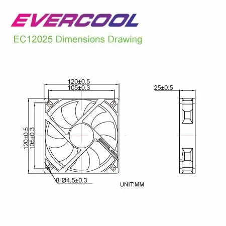 EVERCOOL 120mm x 120mm x 25mm DC Fan Dimensions.