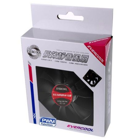 EVERCOOL 120mm x 120mm x 25mm PWM直流風扇零售包裝圖。