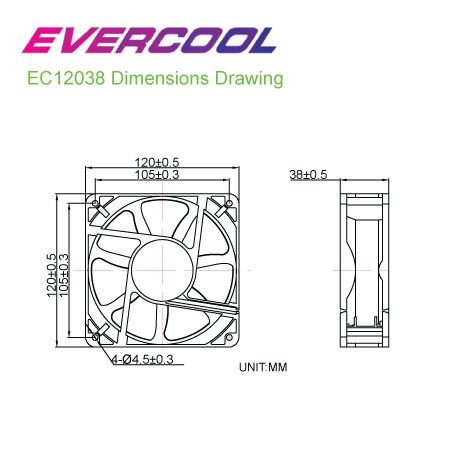 Dimensiones del ventilador de CC EVERCOOL de 120 mm x 120 mm x 38 mm.