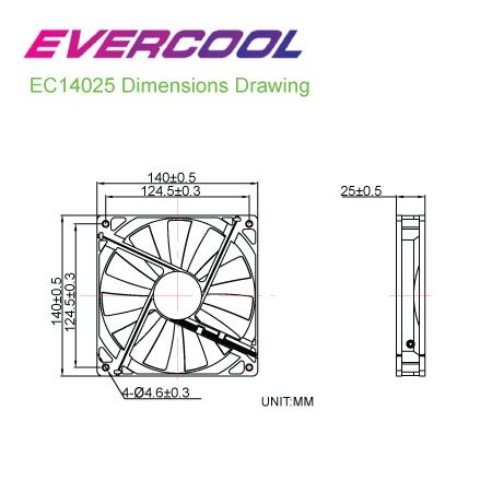 EVERCOOL 140mm x 140mm x 25mm DC Fan Dimensions.