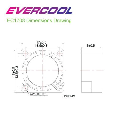 EVERCCOL  17mm x 17mm x 8mm靜音風扇尺寸圖。