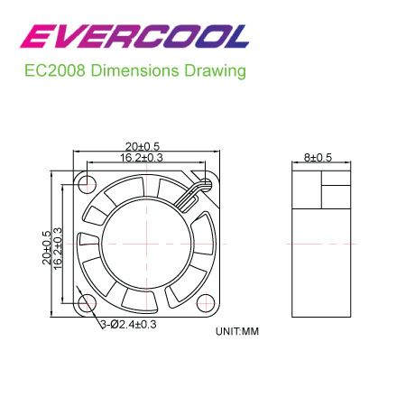 EVERCCOL 20mm x 20mm x 8mm高效率風扇尺寸圖。